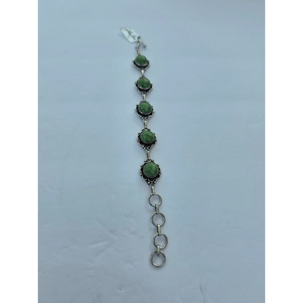 Green Turquoise Silver Tone Floral Link Bracelet Adjustable Toggle Clasp 8.75in